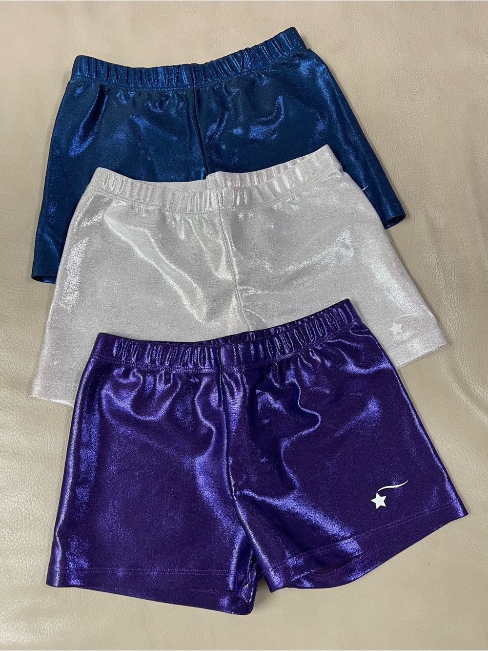 Destira Gymnastics Shimmer Stretch Kids Shorts - Purple, Silver, Blue